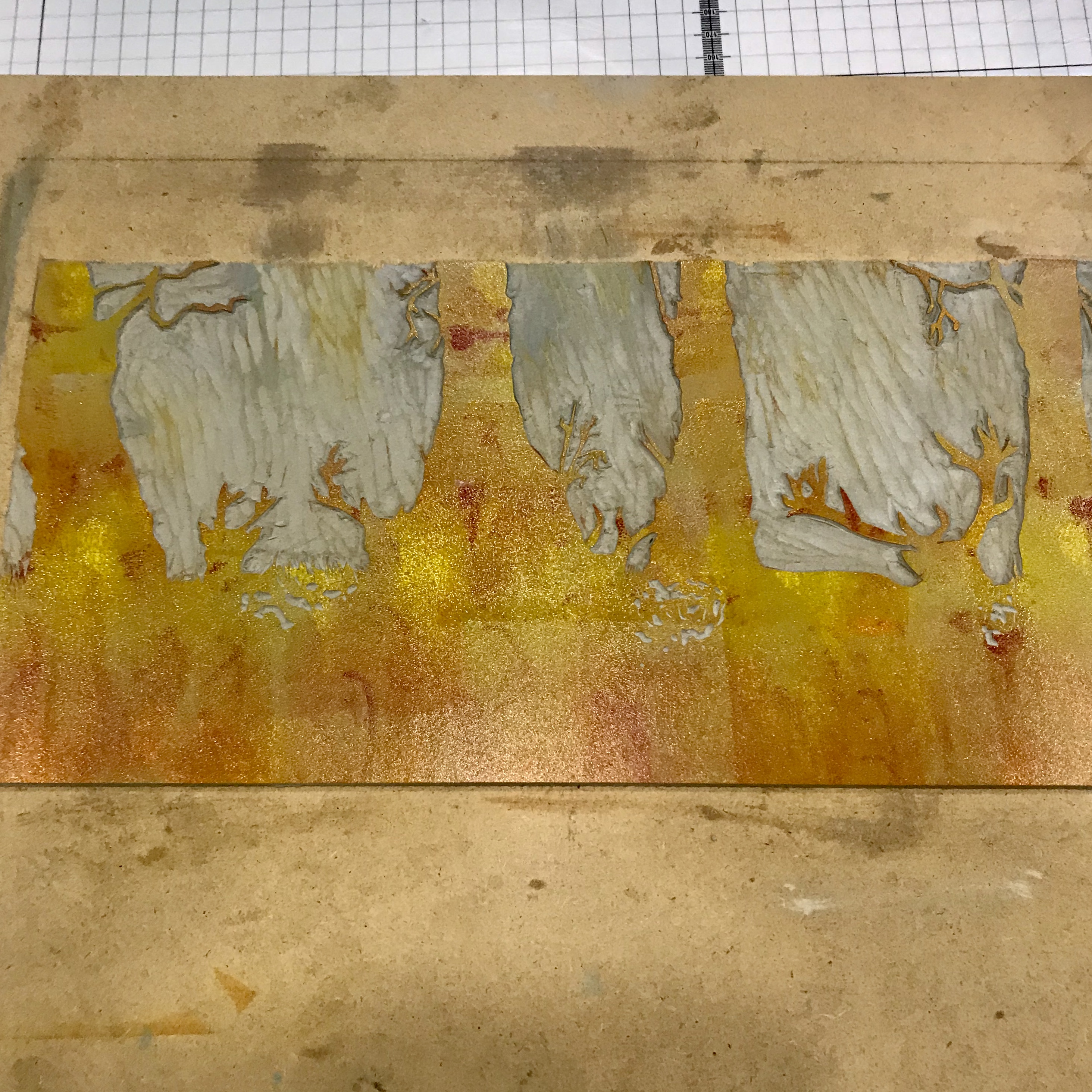 Skirrid Print Studio gold deer lino cut